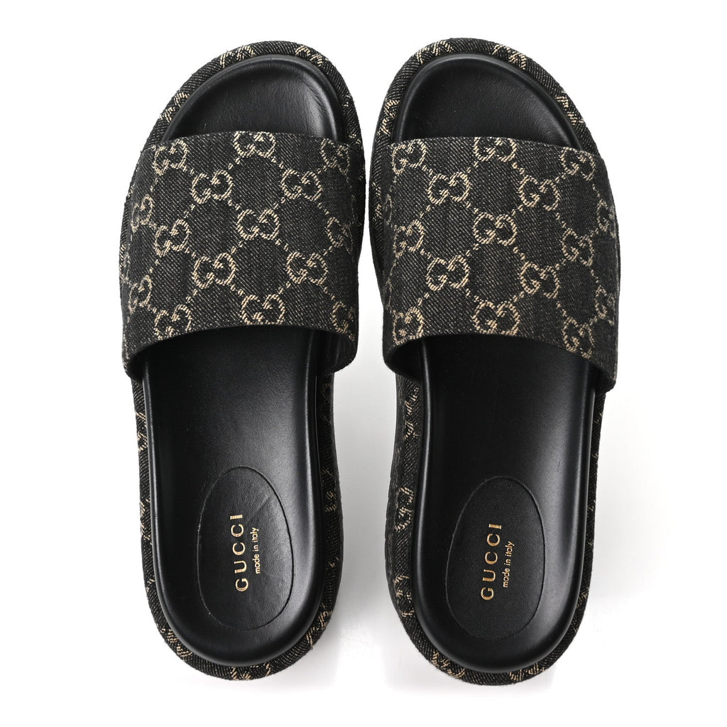Jacquard Black Denim GG Monogram Angelina Platform 55mm Slide Sandals 39.5 Black Ivory