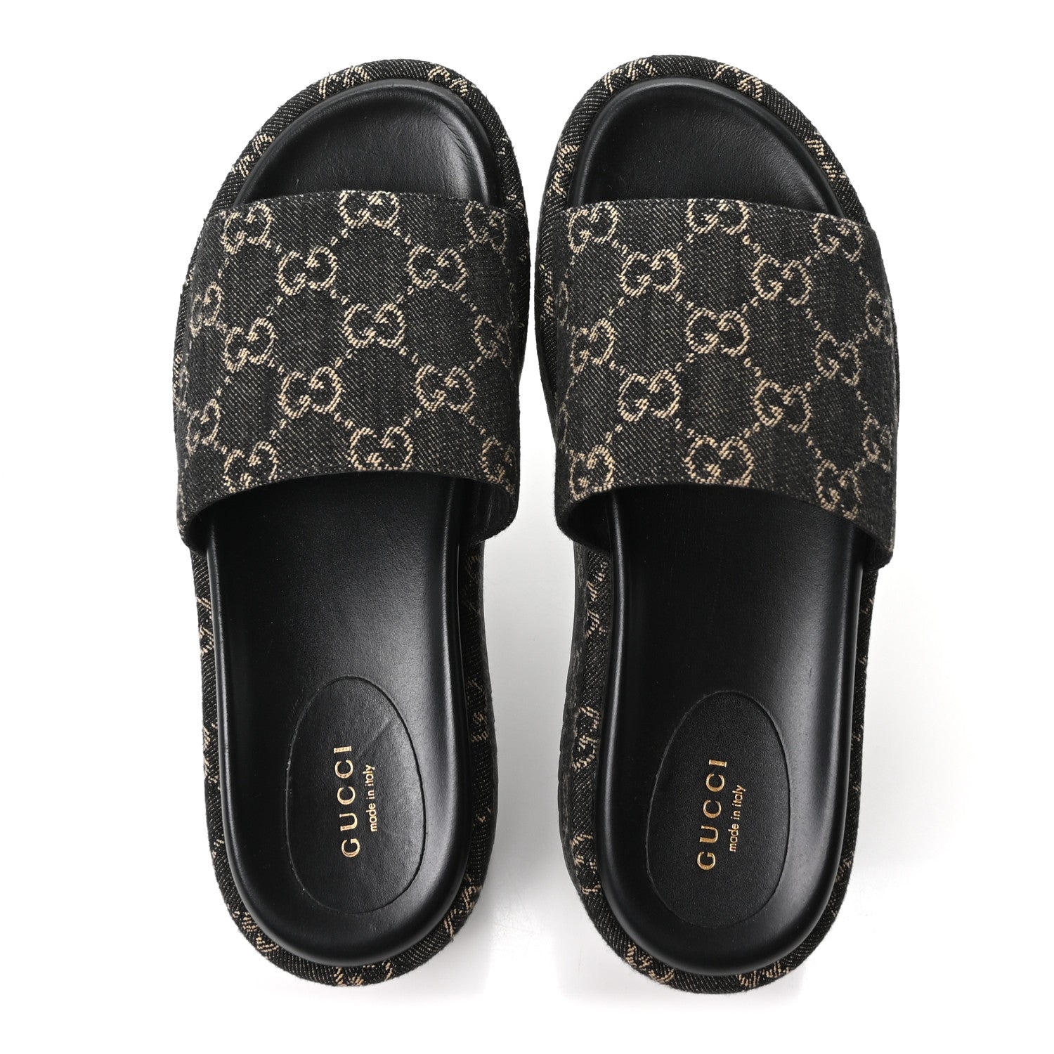 Jacquard Black Denim GG Monogram Angelina Platform 55mm Slide Sandals 39.5 Black Ivory