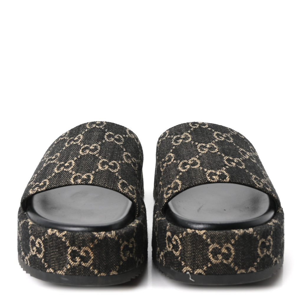 Jacquard Black Denim GG Monogram Angelina Platform 55mm Slide Sandals 39.5 Black Ivory