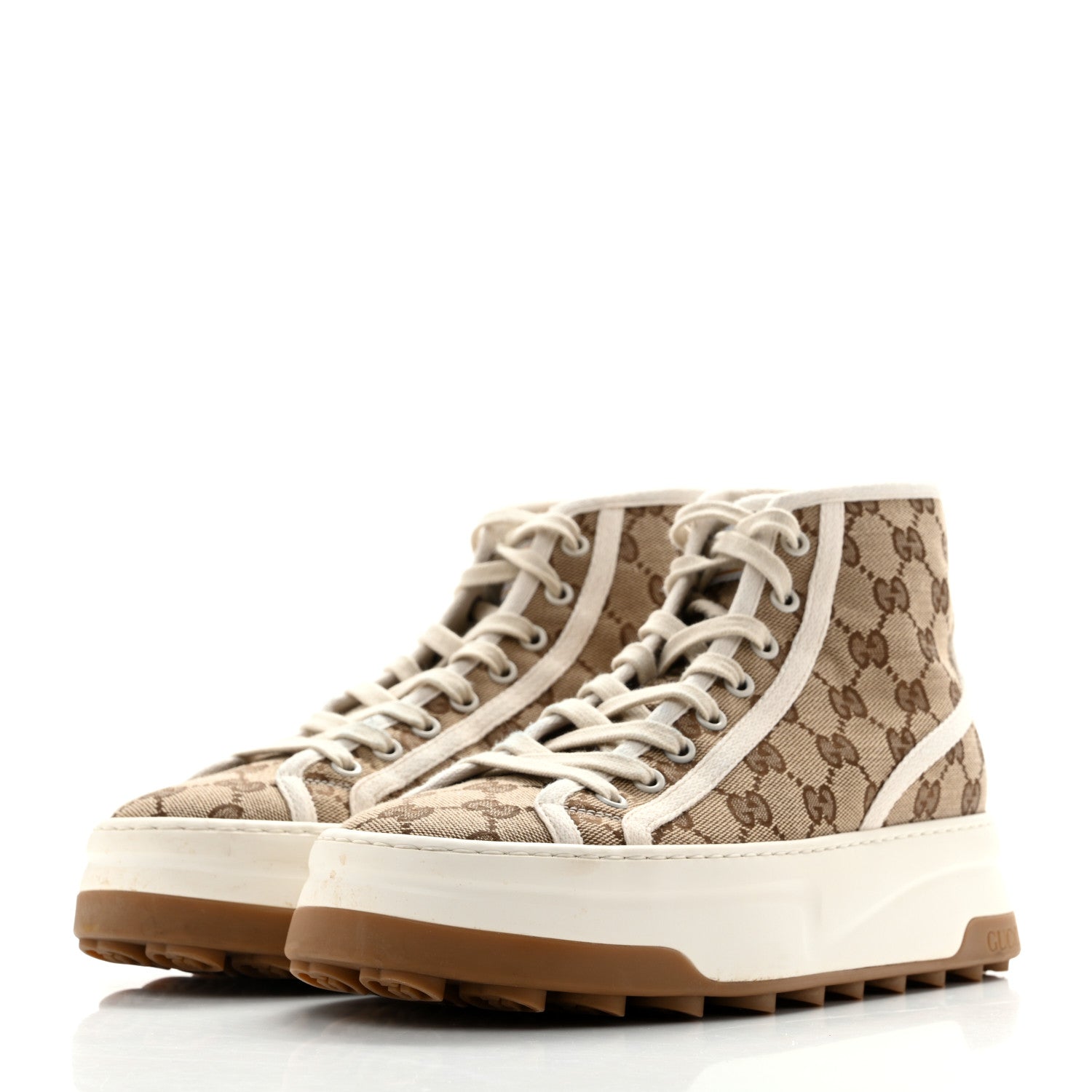 New Canvas GG Monogram Womens Tennis 1977 High Top 55mm Platform Sneakers 38.5 Beige Ebony Mystic White