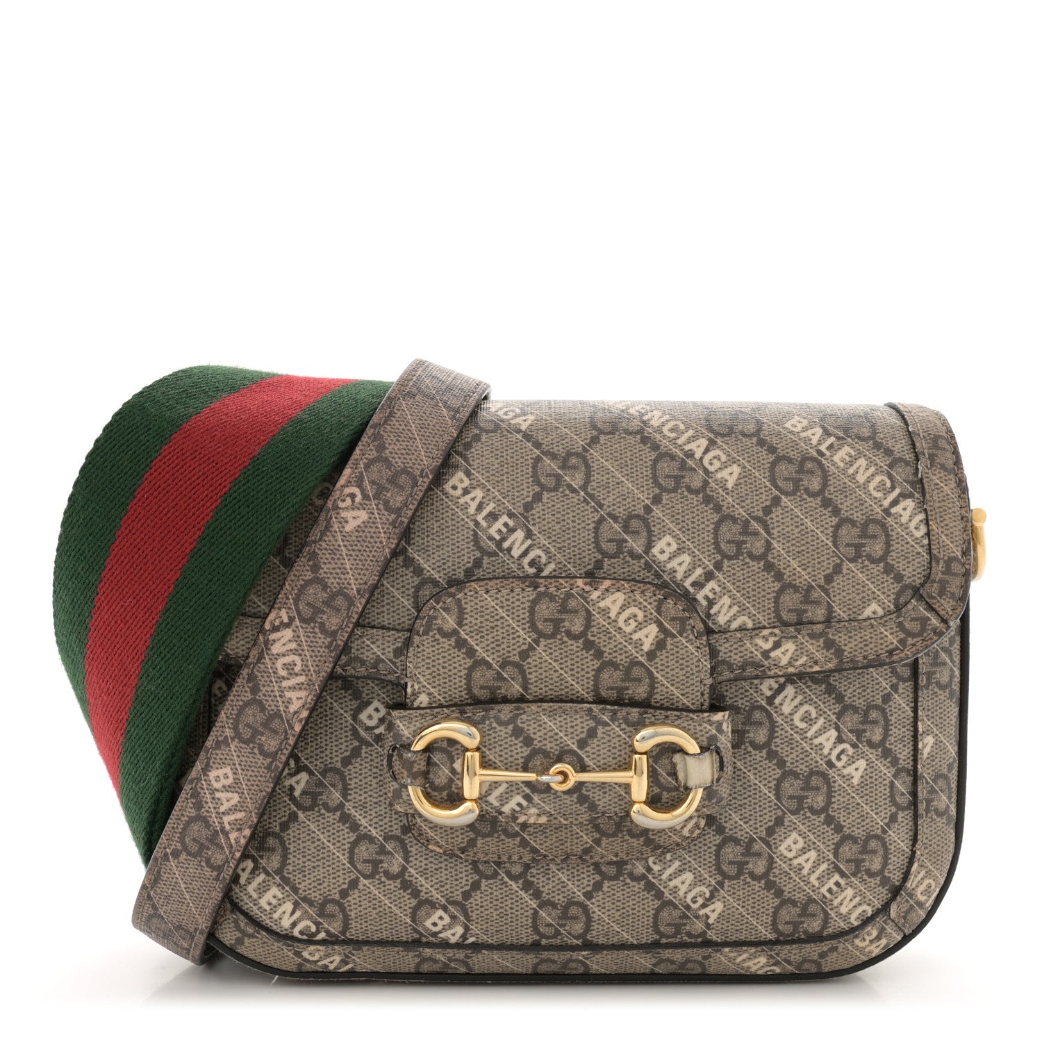 X BALENCIAGA GG Supreme Monogram Web Logo Print Mini Horsebit 1955 Shoulder Bag Beige Ebony