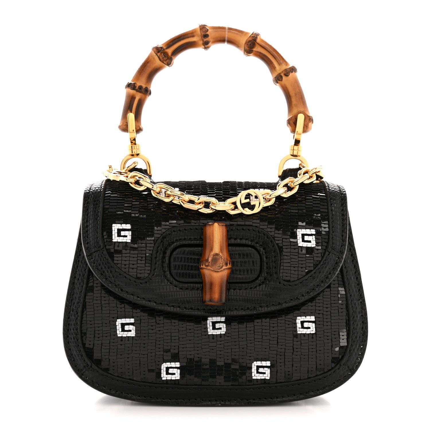 Sequin Lizard Embossed GG Mini Bamboo 1947 Top Handle Chain Bag Black White
