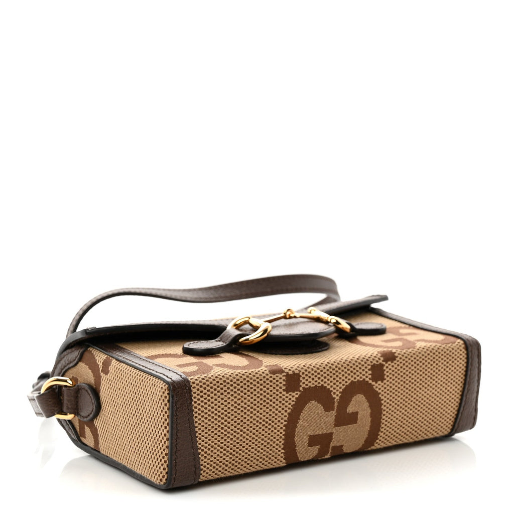 Monogram Jumbo GG Textured Dollar Calfskin Mini Horsebit 1955 Shoulder Bag Camel Ebony New Acero