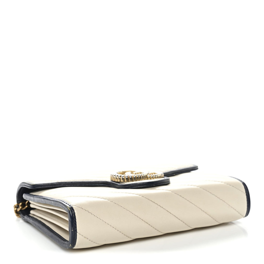 Vintage Effect Calfskin Matelasse Diagonal Torchon GG Marmont Chain Wallet Mystic White Blue Agata