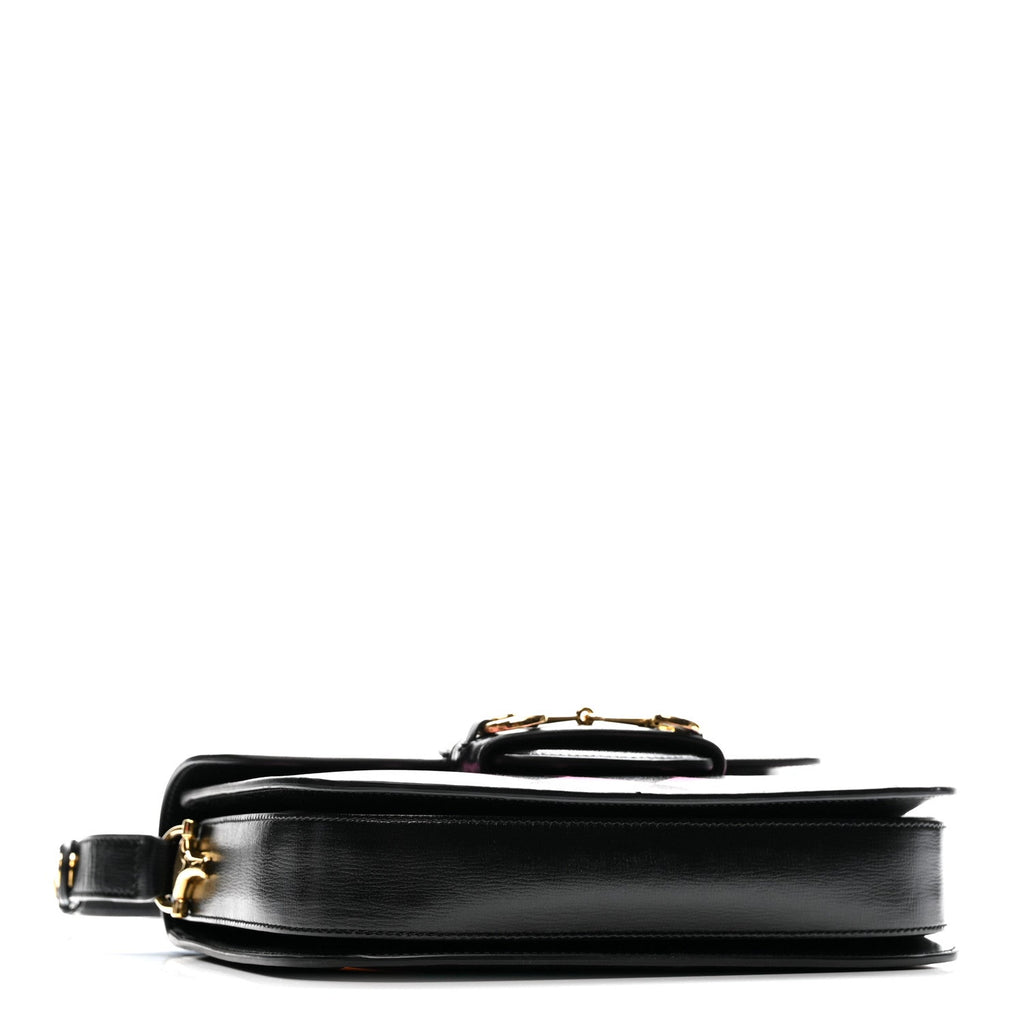 Textured Calfskin Geometric Print Horsebit 1955 Shoulder Bag Black Multicolor