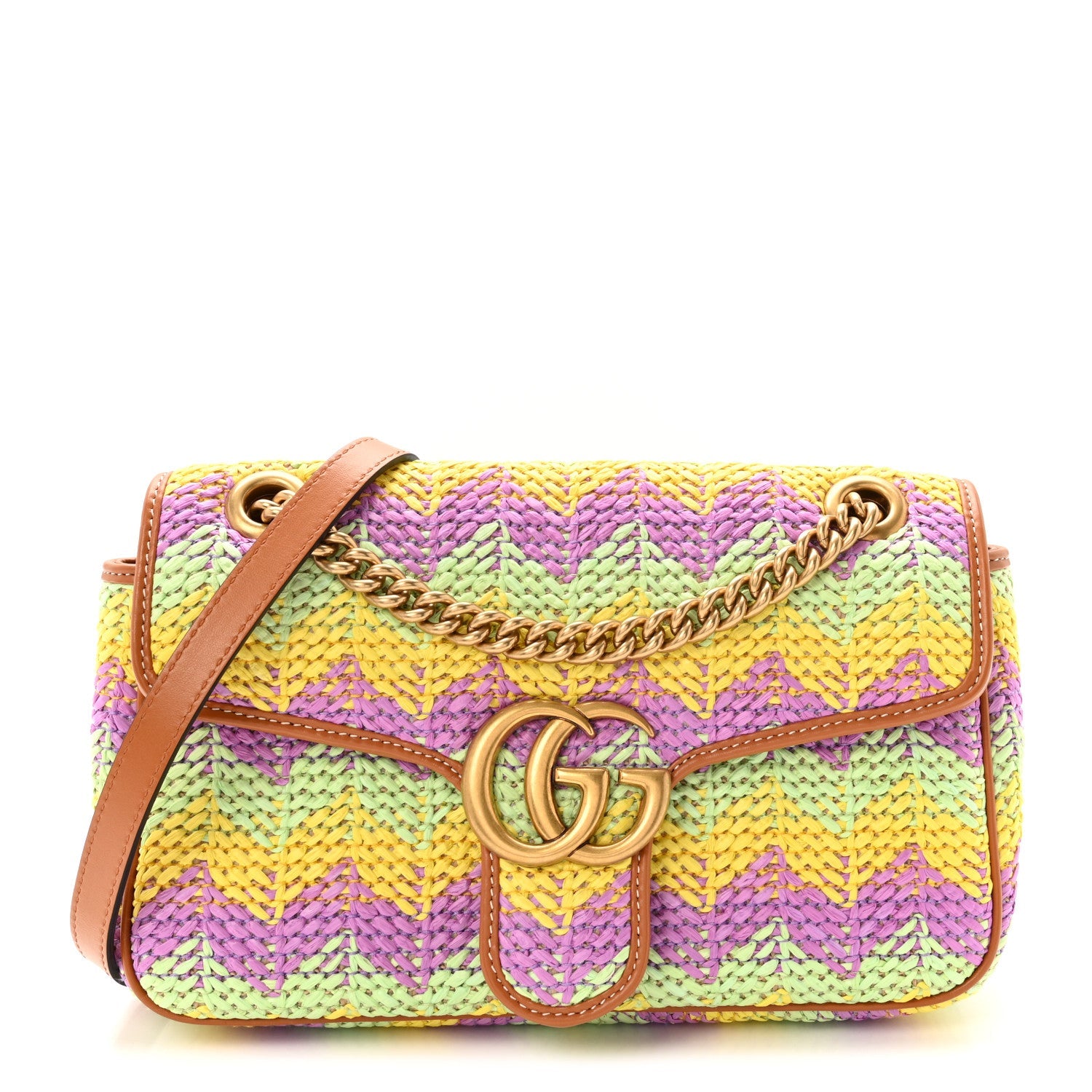 Calfskin Raffia Woven Small GG Marmont Shoulder Bag Multicolor