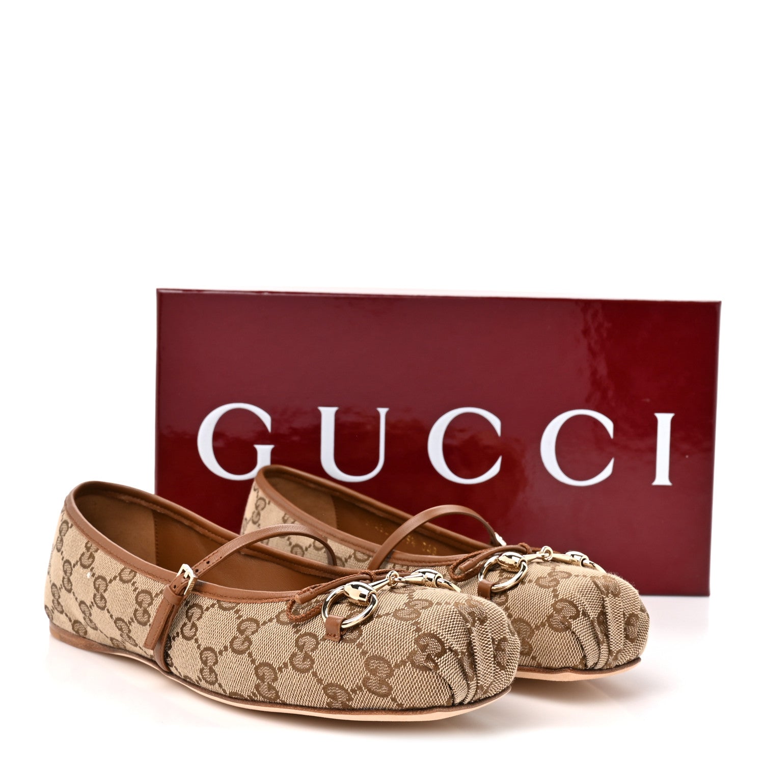 GG Monogram Horsebit Bow Ballet Flats 39.5 Beige Ebony Sundial