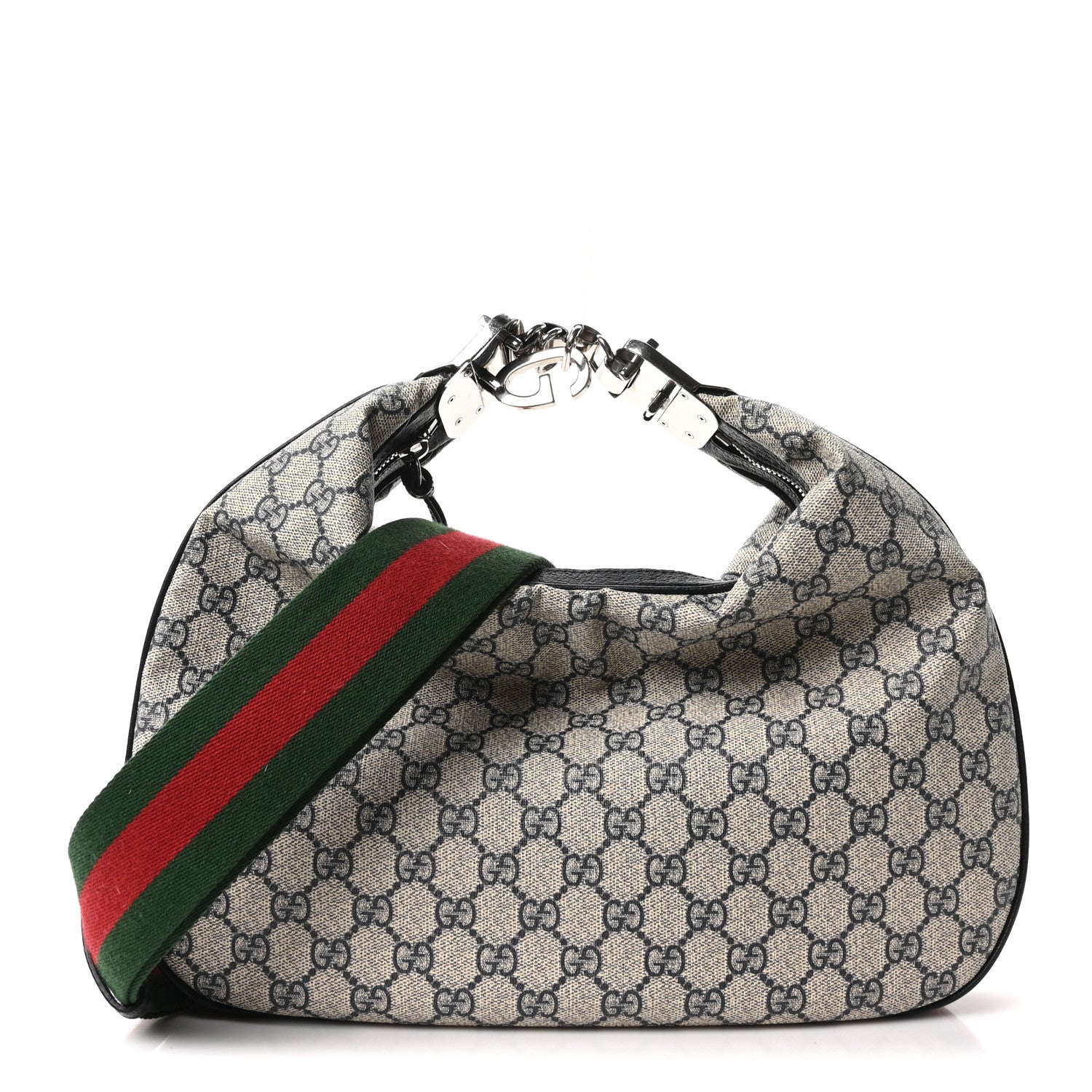 GG Supreme Monogram Textured Calfskin Web Large Attache Shoulder Bag Beige Blue