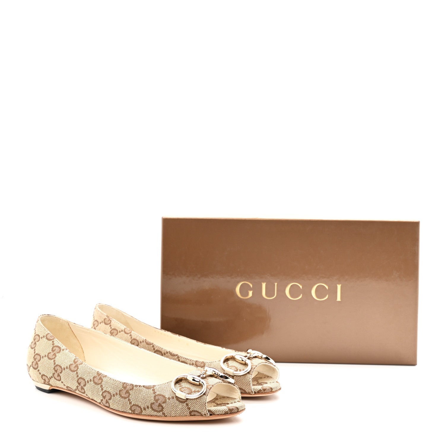 Monogram Miro Soft Calfskin Womens Horsebit Peep Toe Flats 6 Beige Ebony Mystic White