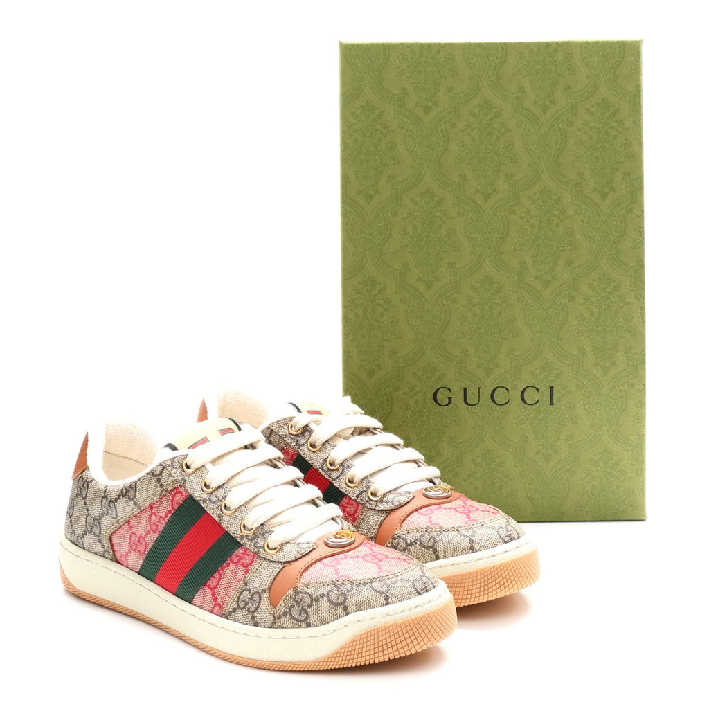 GG Supreme Monogram Harness Calfskin Web Womens Screener Sneakers 37 Beige Ebony Rosso Harness Brown