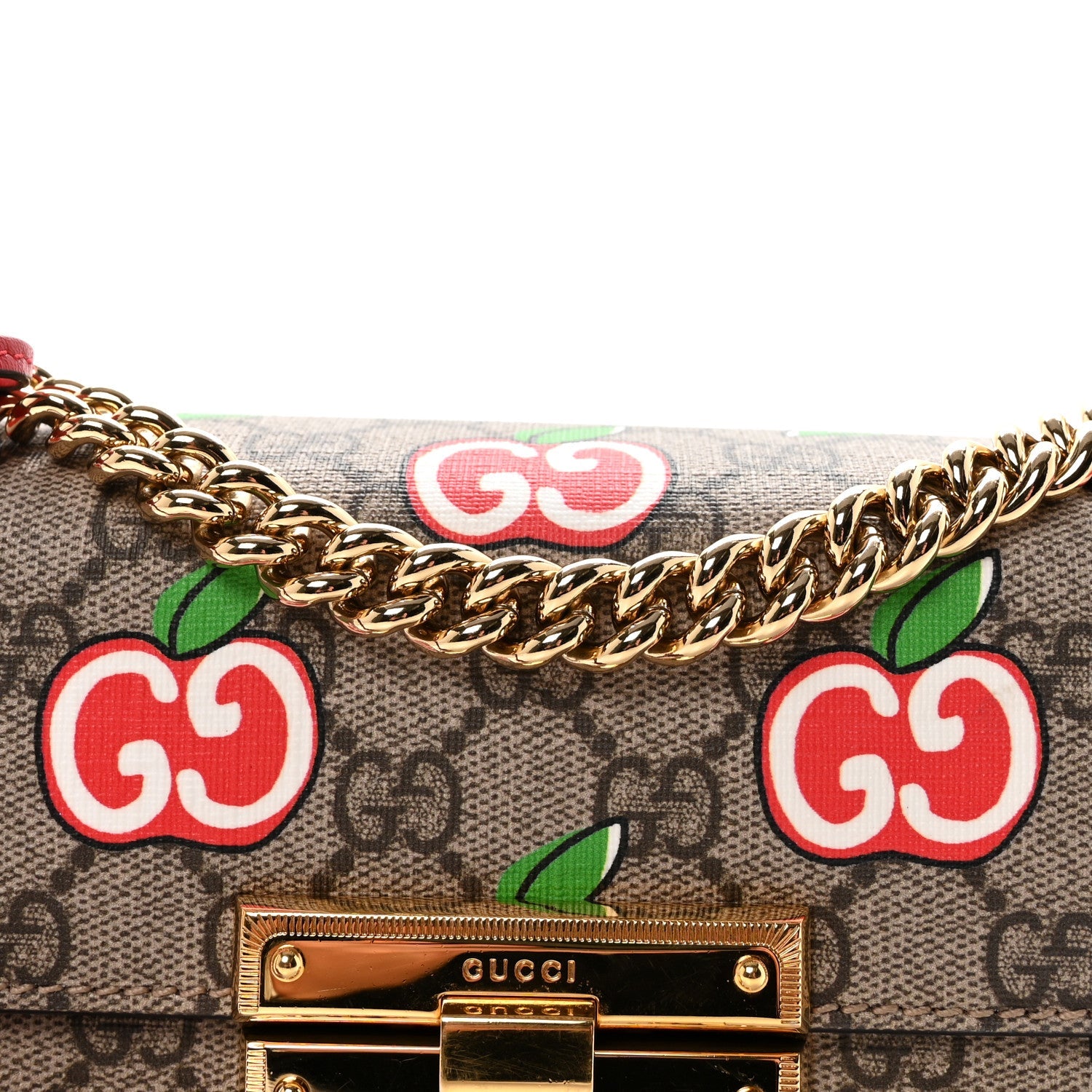 GG Supreme Monogram Apple Small Padlock Shoulder Bag Beige Multicolor Lobster Red