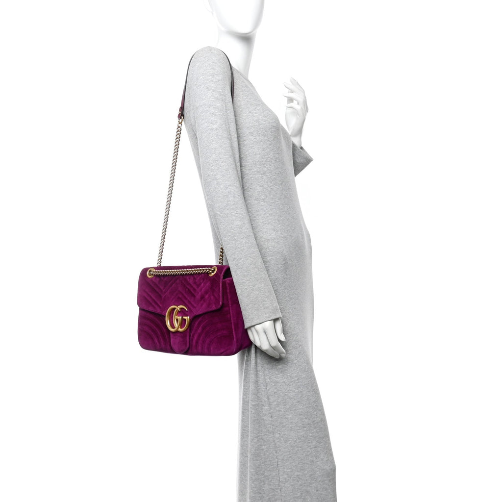 Velvet Matelasse Medium GG Marmont Shoulder Bag Fuchsia Violet Cyclamen