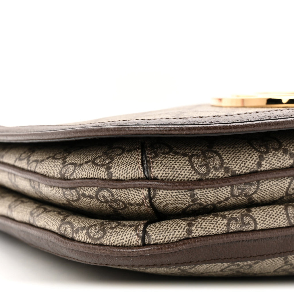 GG Supreme Monogram Textured Dollar Calfskin Web Medium Blondie Top Handle Shoulder Flap Bag Beige Ebony New Acero