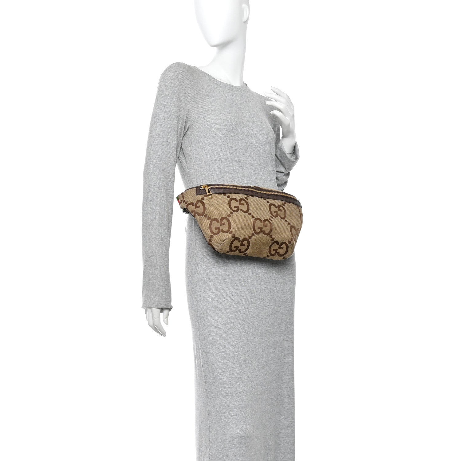 Monogram Jumbo GG Textured Dollar Calfskin Web Belt Bag Camel Ebony New Acero