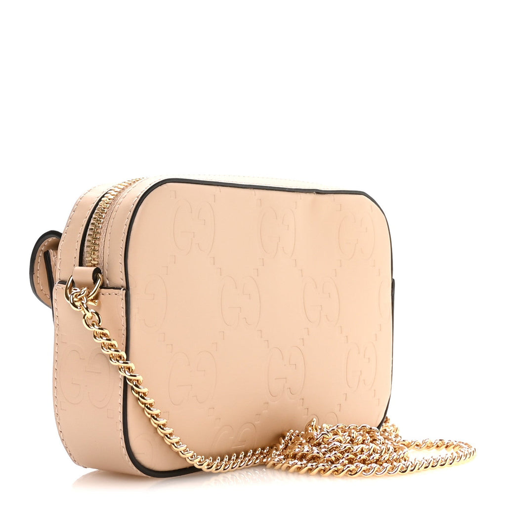 Calfskin GG Super Mini Debossed Chain Wallet Light Beige