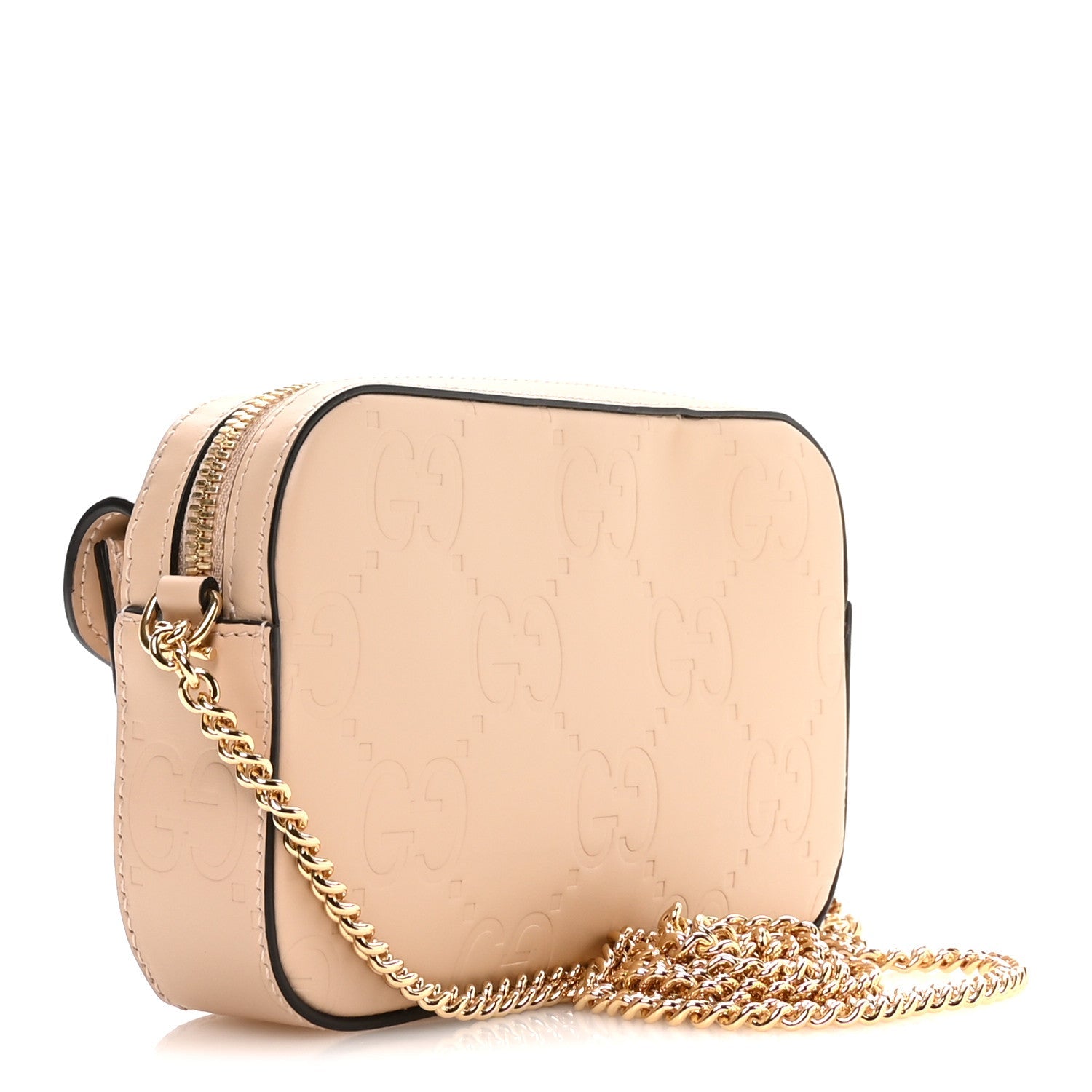 Calfskin GG Super Mini Debossed Chain Wallet Light Beige