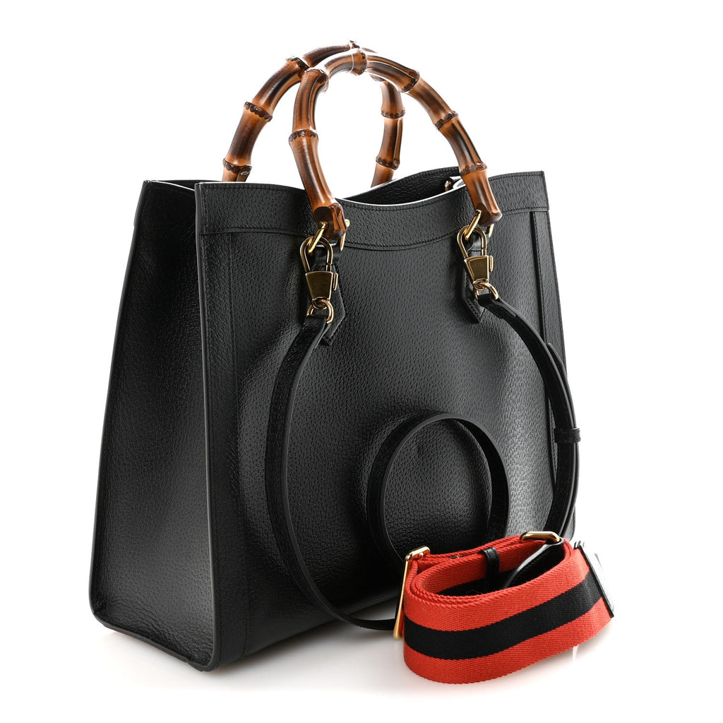 Textured Dollar Calfskin Web Medium Diana Tote Bag Black Dusty Grey