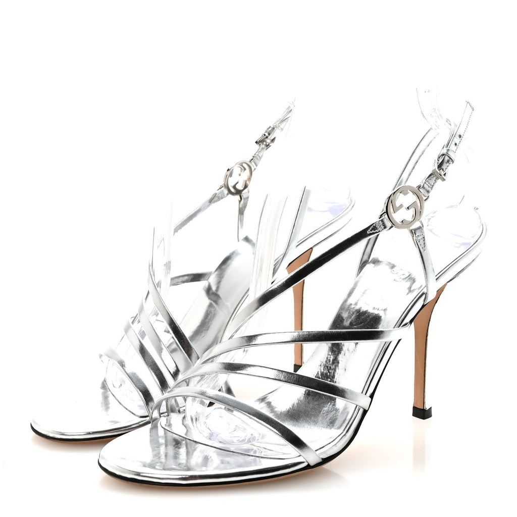 Metallic Calfskin Interlocking G Strappy Sandals 38 Silver