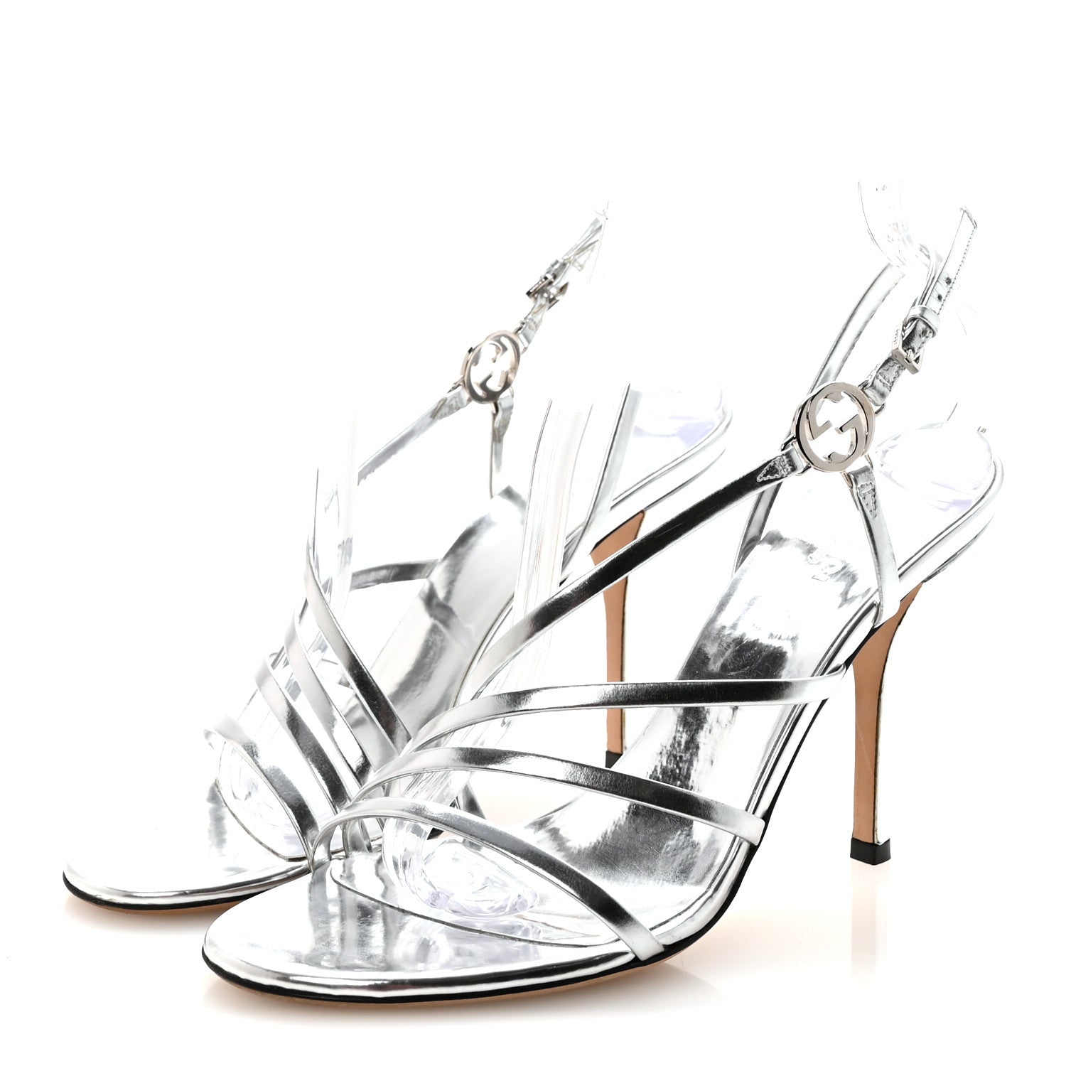 Metallic Calfskin Interlocking G Strappy Sandals 38 Silver