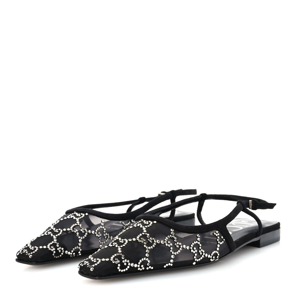 Suede Mesh Crystal GG Monogram Slingback Ballet Flats 39.5 Black 39 Black