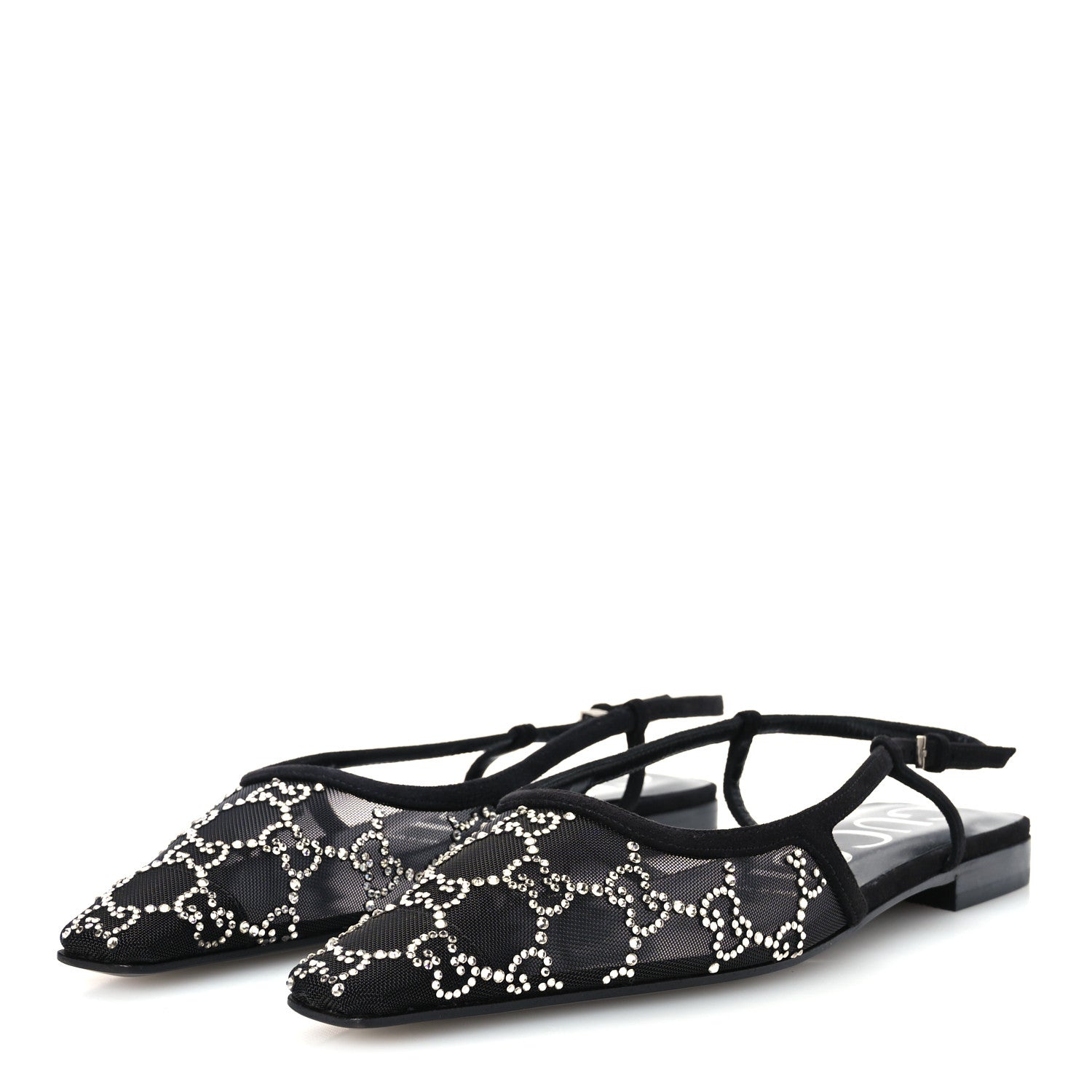 Suede Mesh Crystal GG Monogram Slingback Ballet Flats 39.5 Black 39 Black