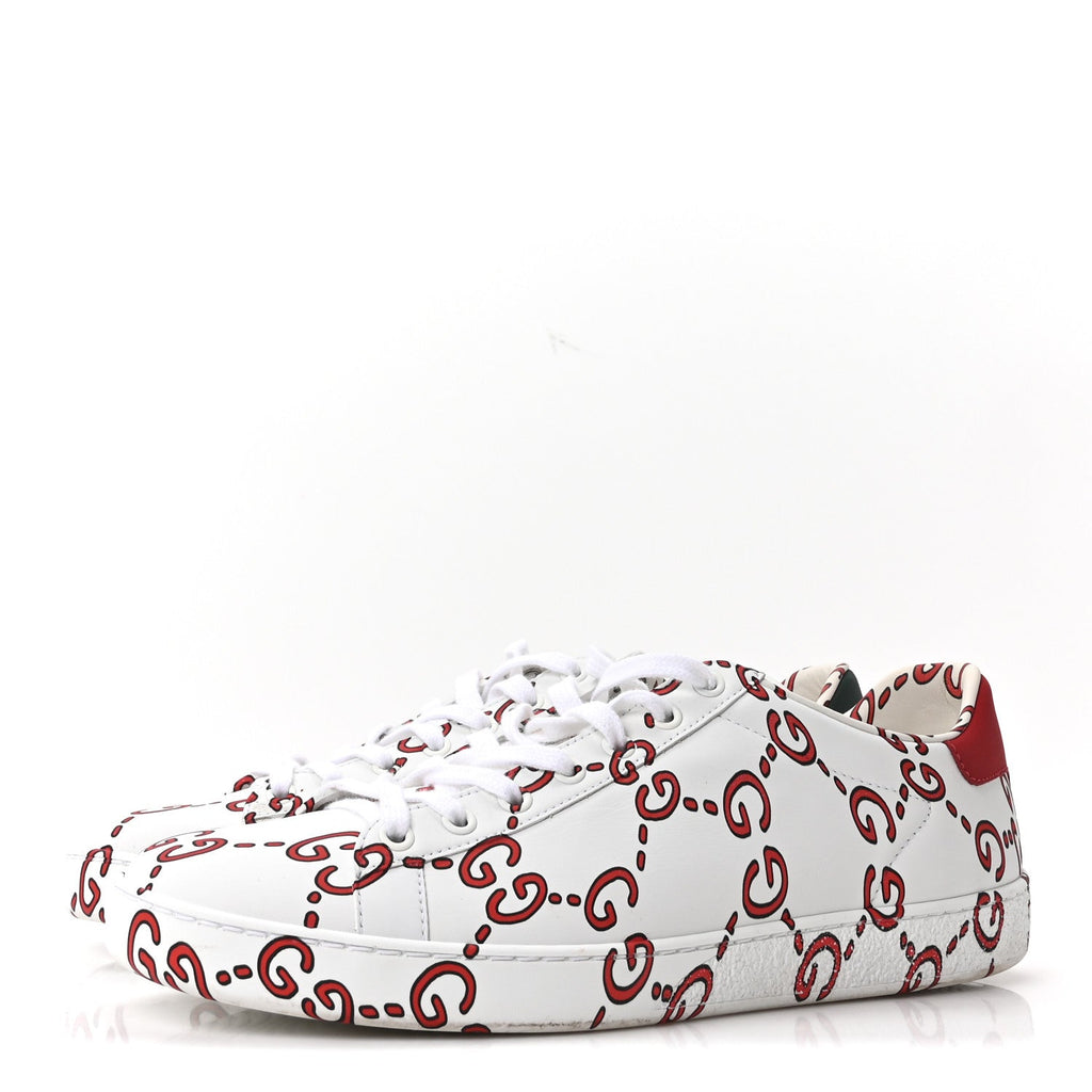 Calfskin GucciGhost Print Womens Ace Sneakers 40.5 White Hibiscus Red