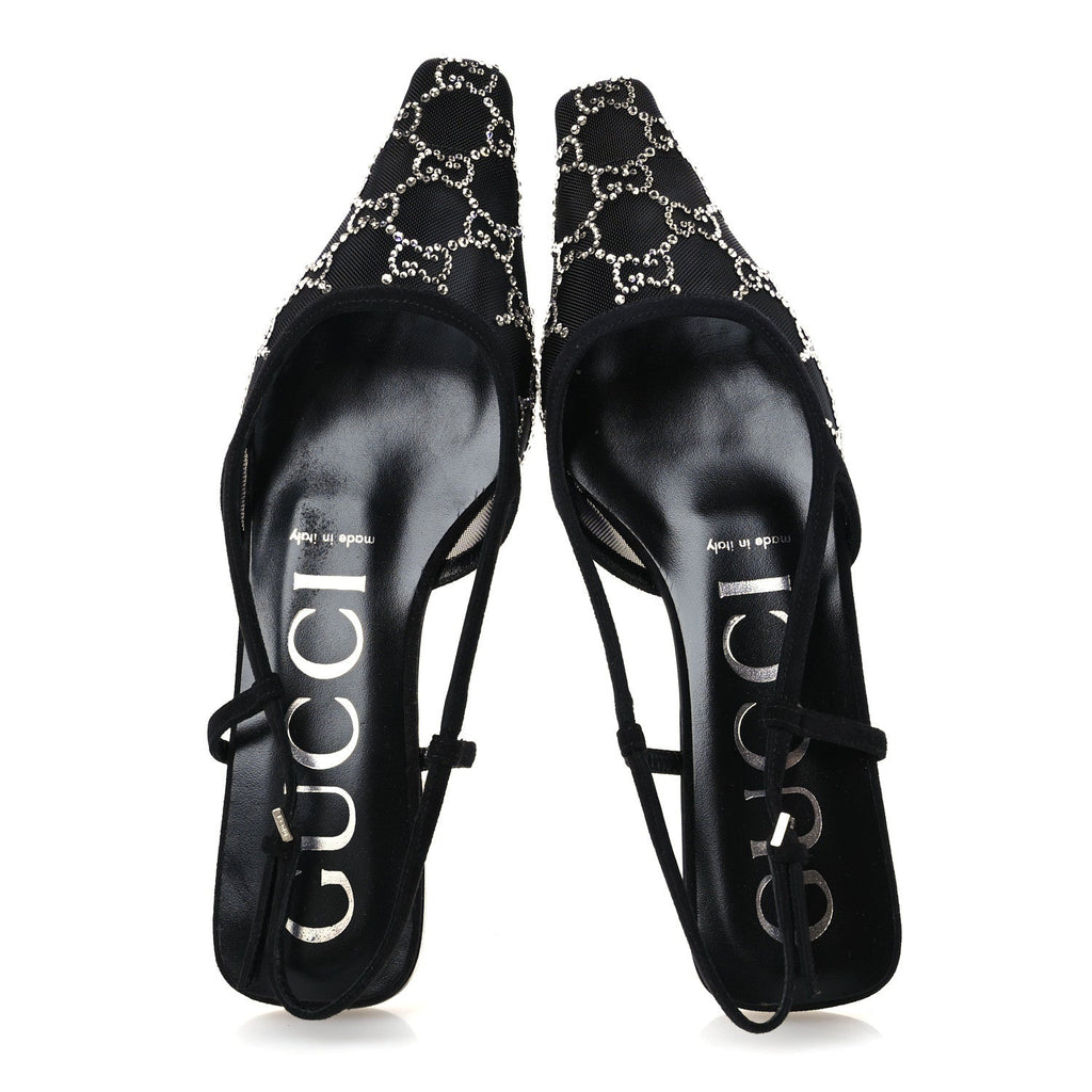 Suede Mesh Crystal GG Monogram Slingback Ballet Flats 39.5 Black 39 Black
