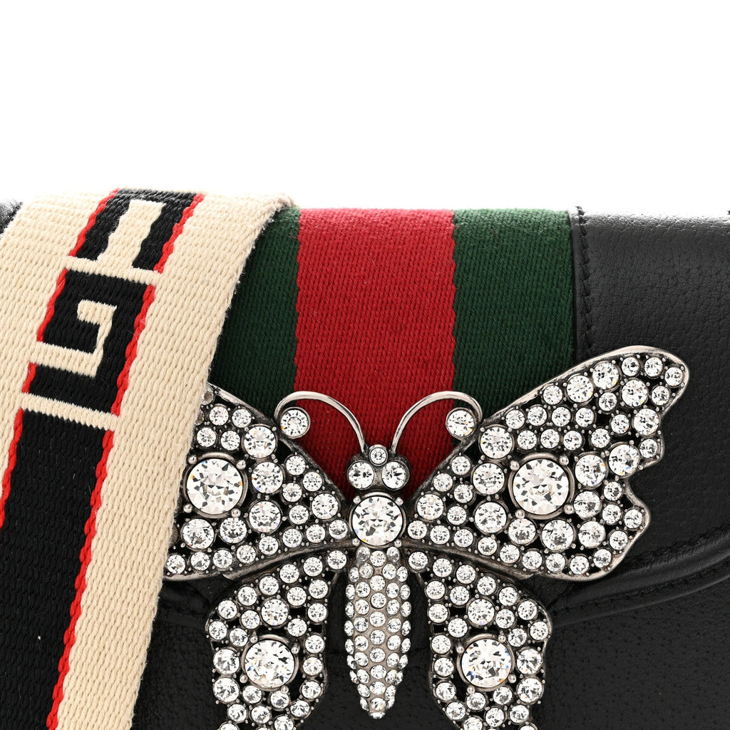 Calfskin Web Crystal Butterfly Stripe Small Totem Shoulder Bag Black