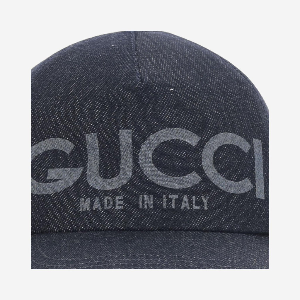 Gucci 812838 Laser-Etched Logo Denim Baseball Cap — Navy