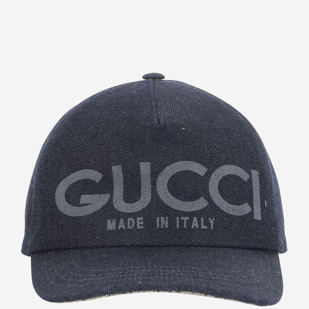 Gucci 812838 Laser-Etched Logo Denim Baseball Cap — Navy