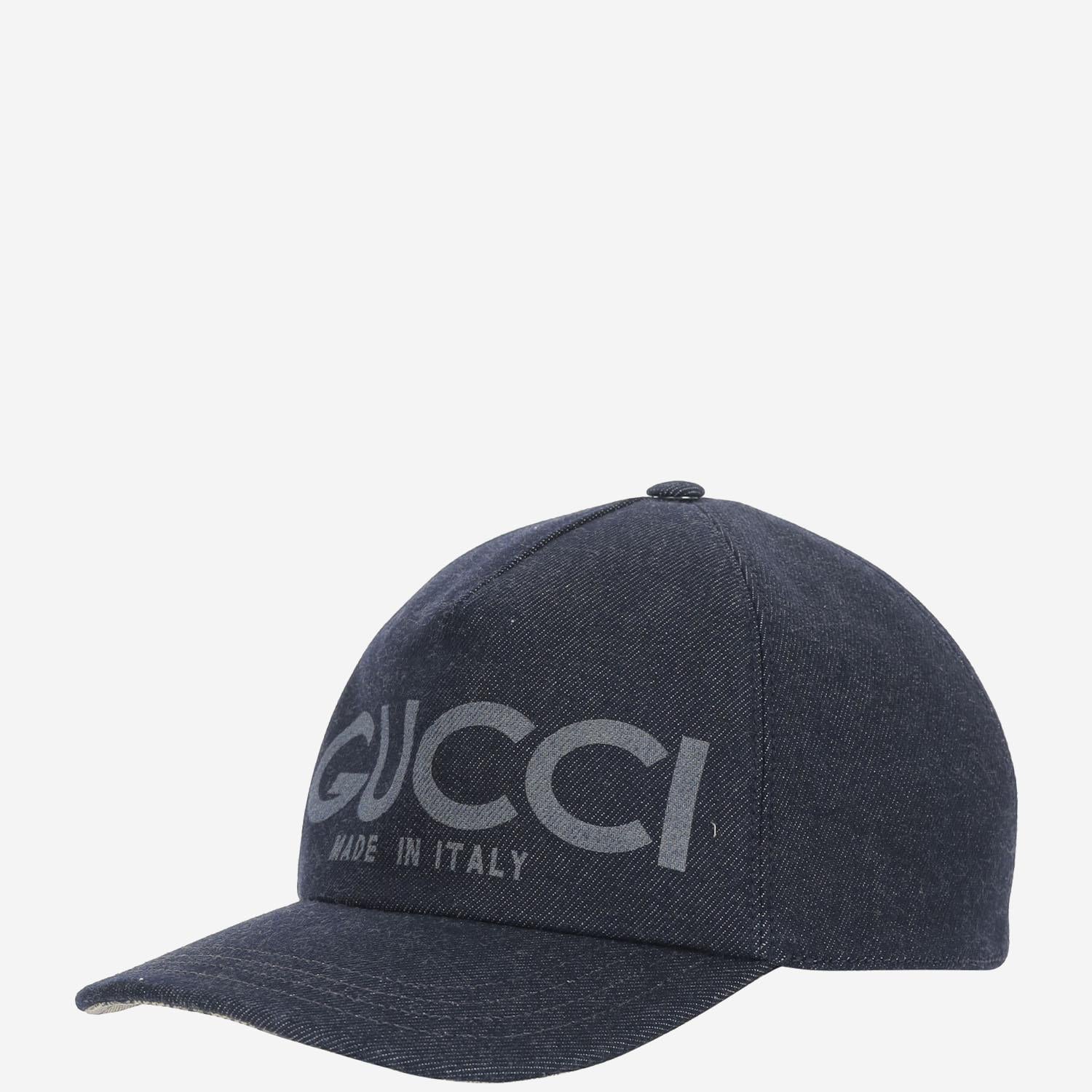 Gucci 812838 Laser-Etched Logo Denim Baseball Cap — Navy