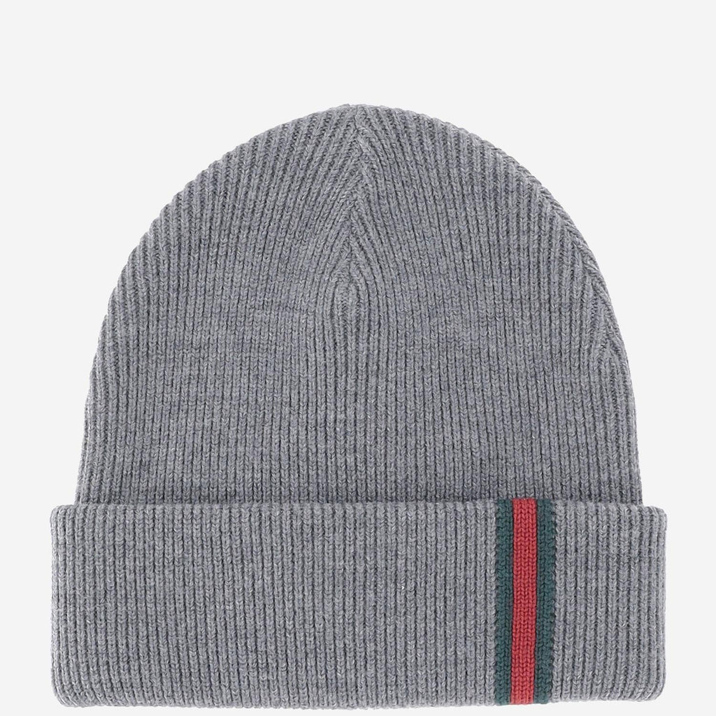 Gucci 834192 Wool Ribbed with Web Stripe Beanie — Gray