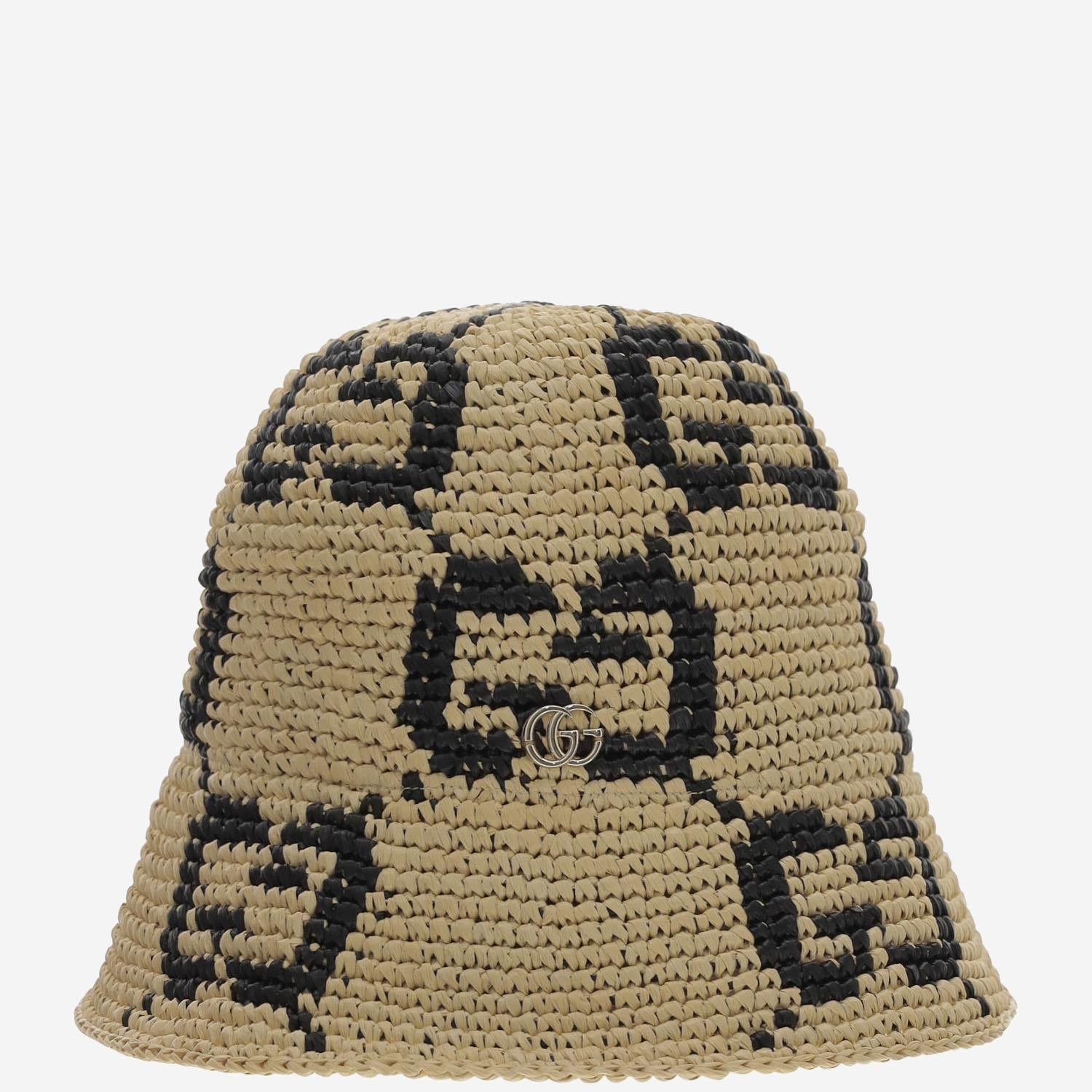 Gucci 795001 GG Jacquard Raffia Bucket Hat — Beige