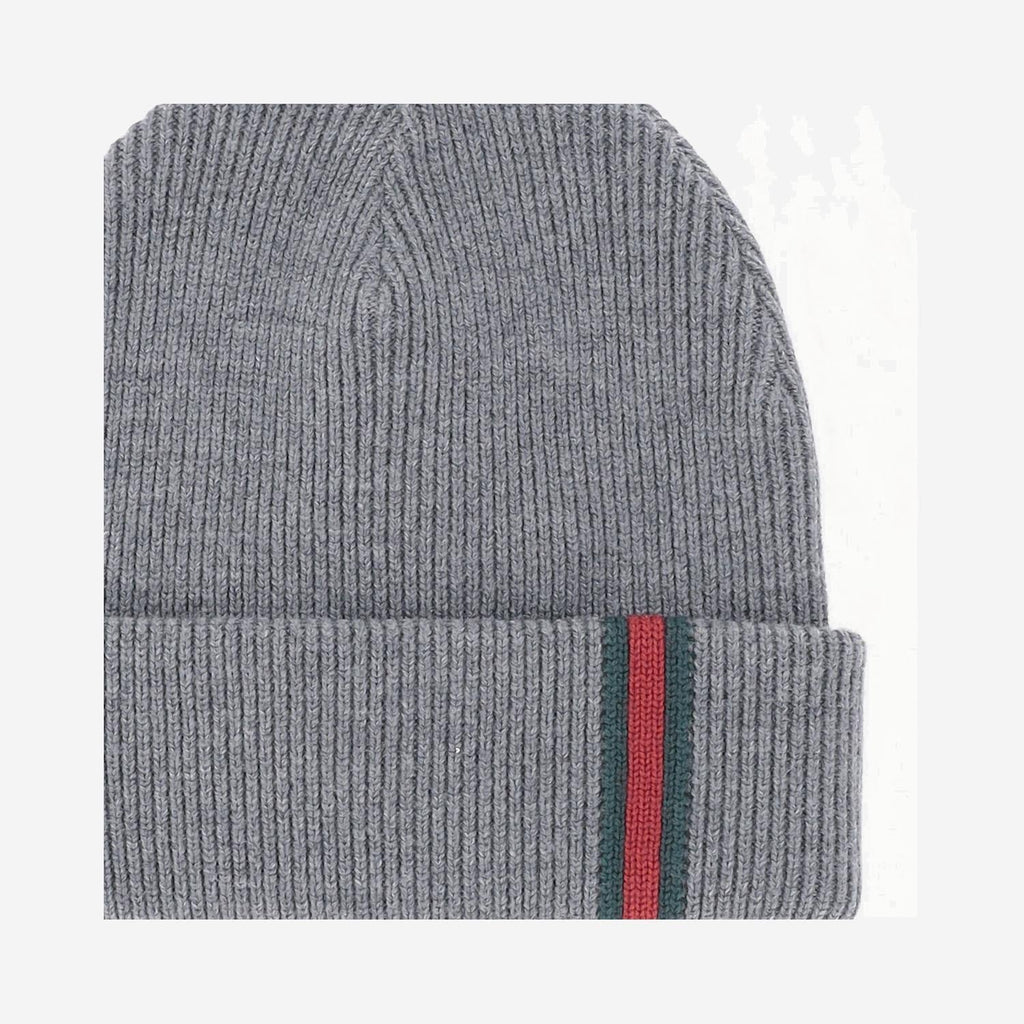 Gucci 834192 Wool Ribbed with Web Stripe Beanie — Gray
