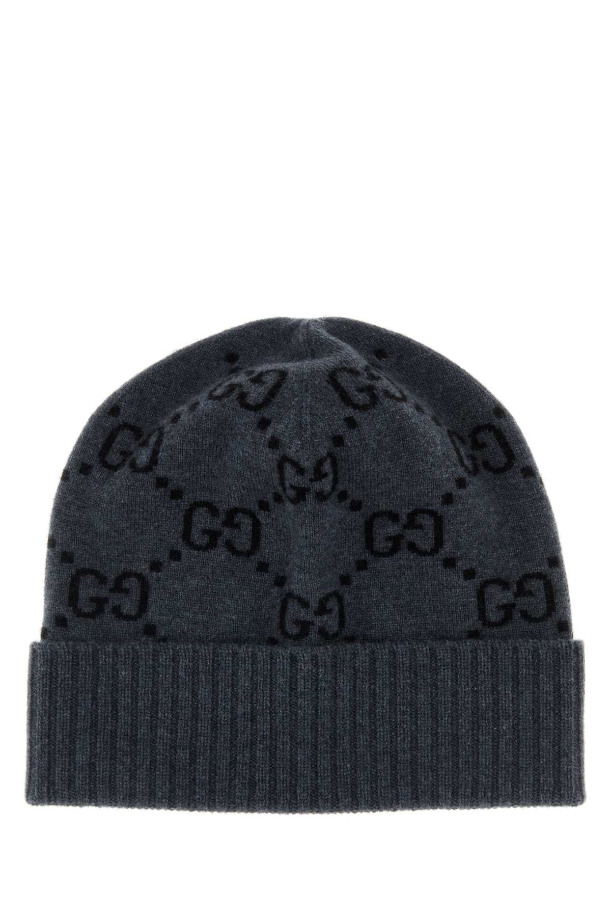 Gucci HAT GG Embroidered Cashmere Beanie — Gray