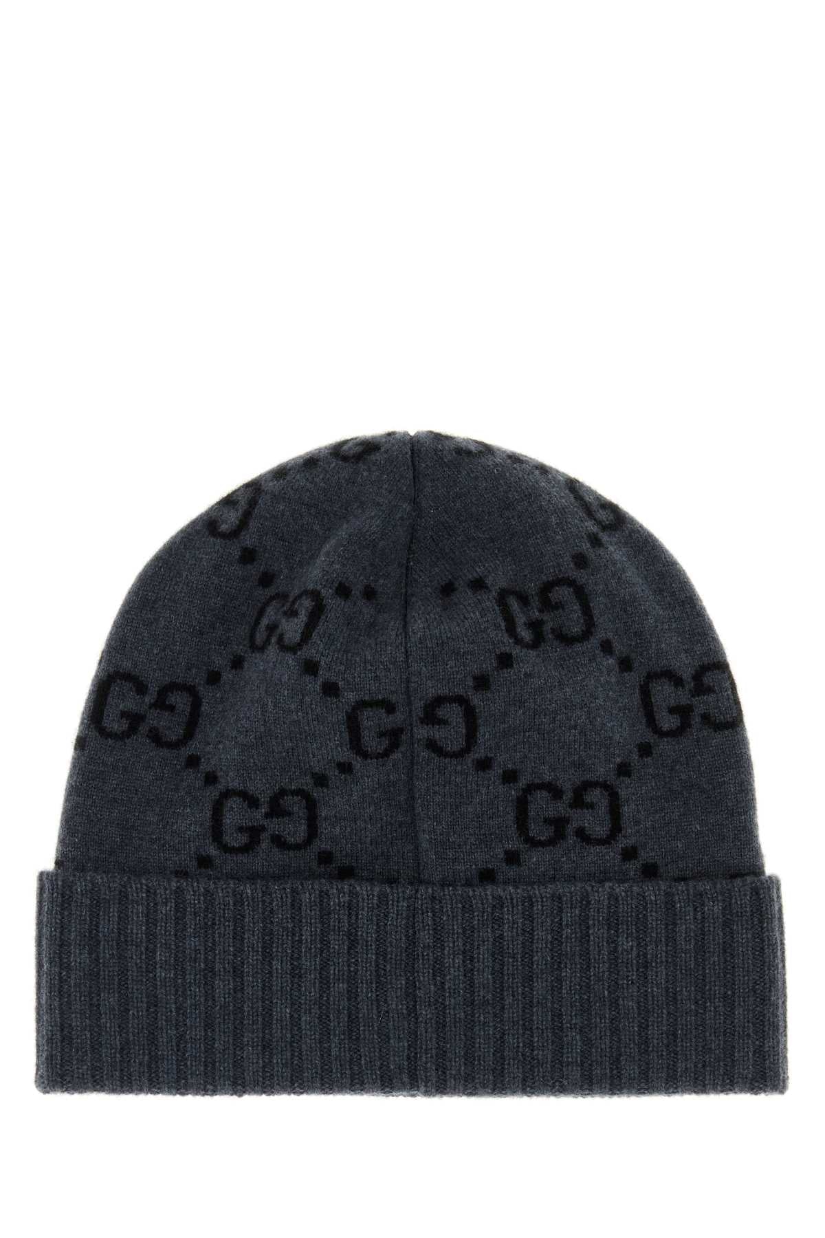 Gucci HAT GG Embroidered Cashmere Beanie — Gray