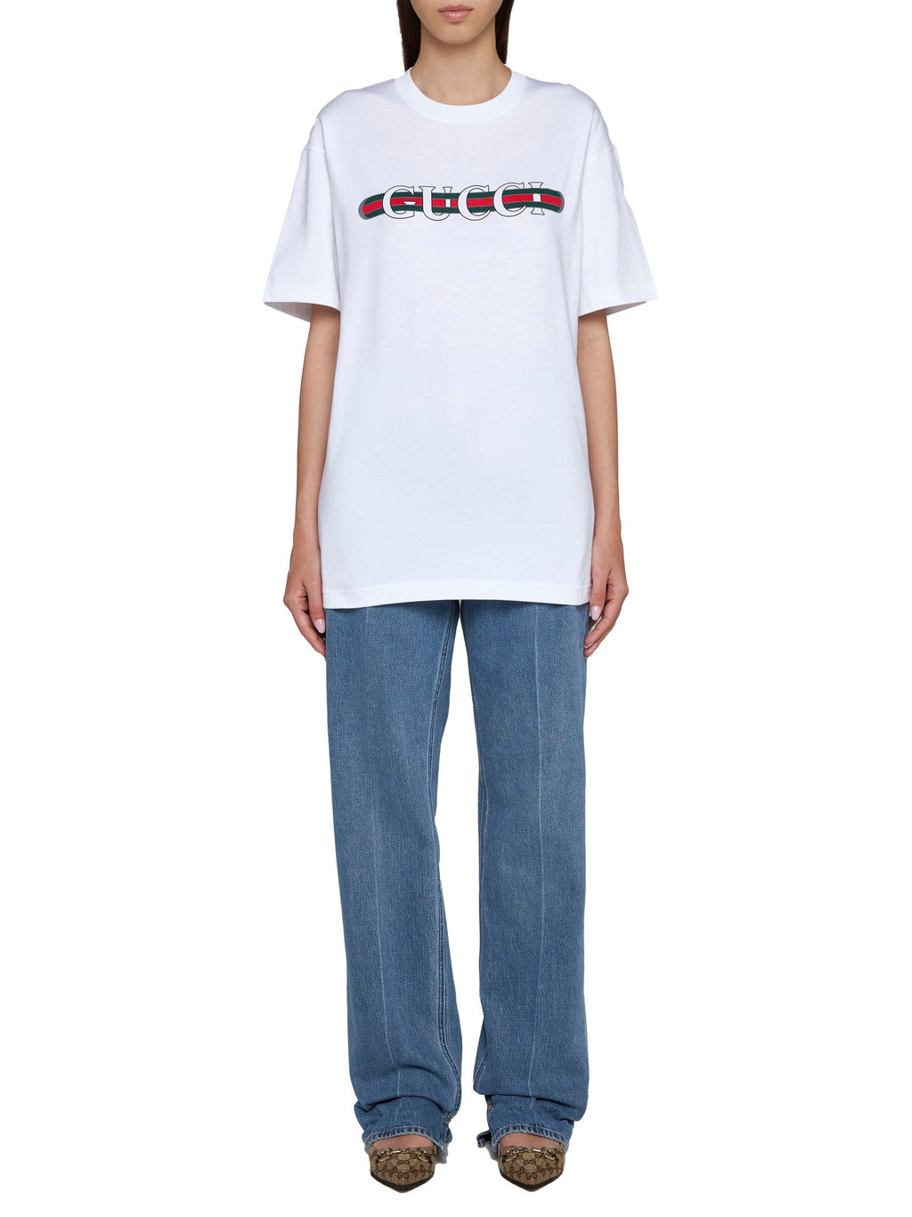 Gucci Gucci Web Logo Print T-Shirt — White
