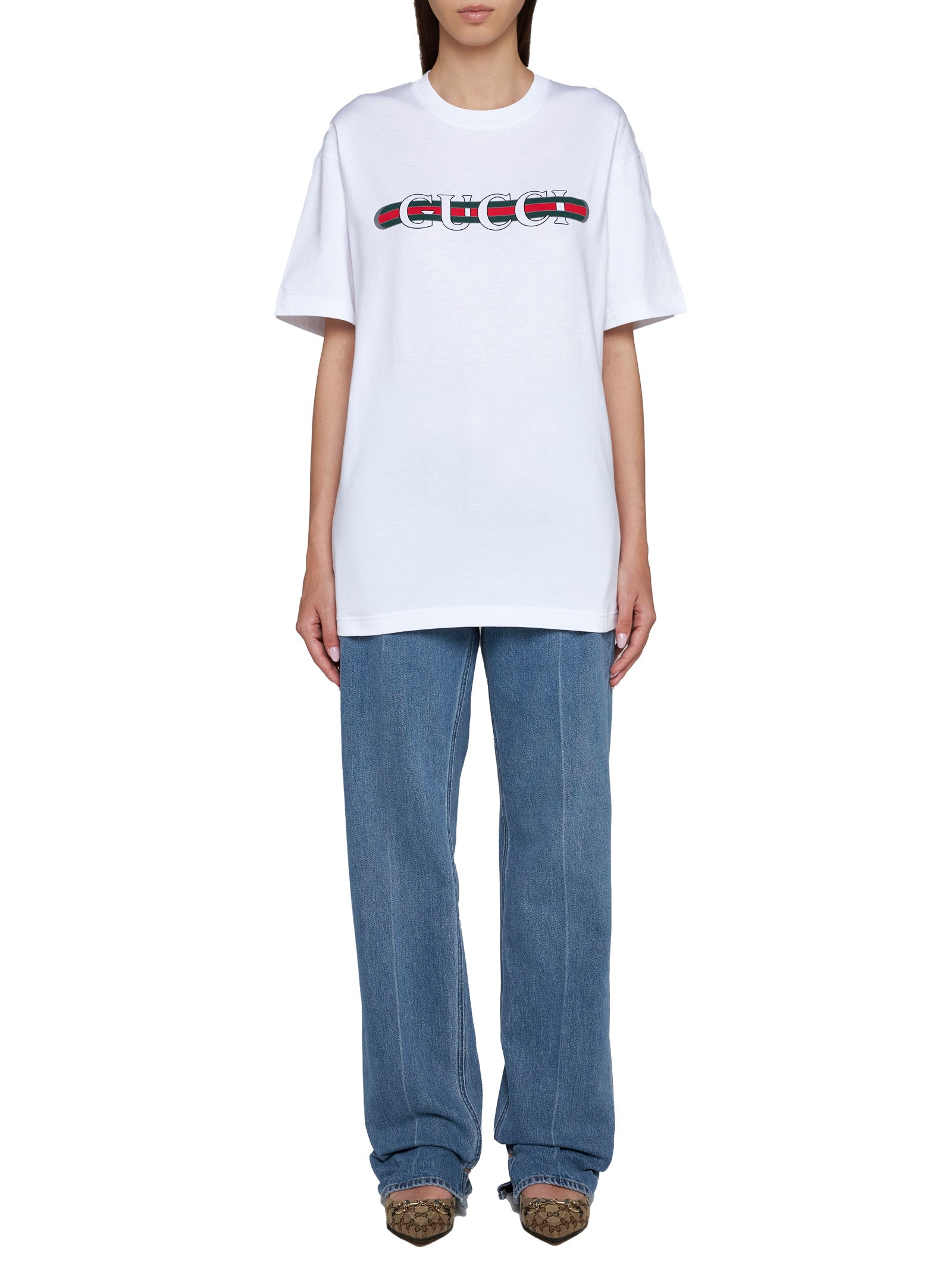 Gucci Gucci Web Logo Print T-Shirt — White
